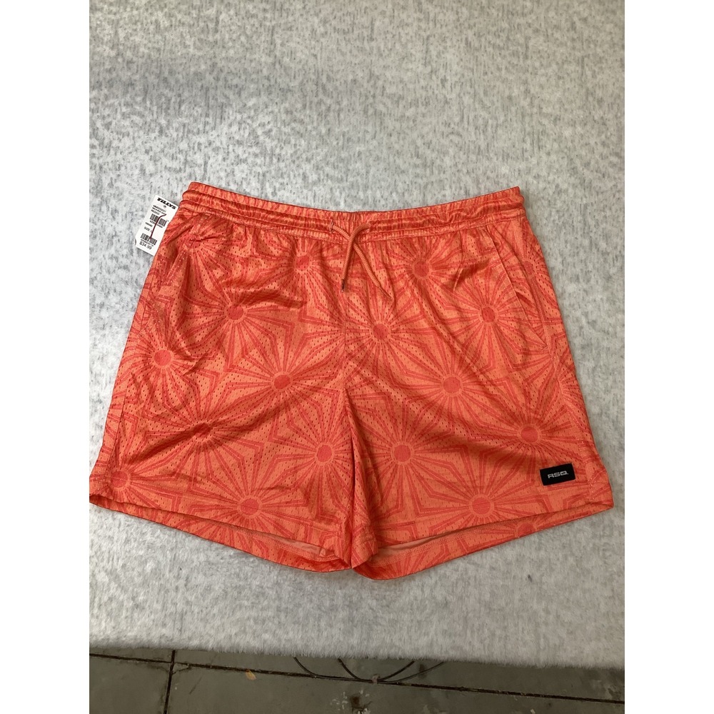 RSQ Mens Mesh Shorts Orange Red Geometric Sunburst Print Size L 6in Inseam NWT